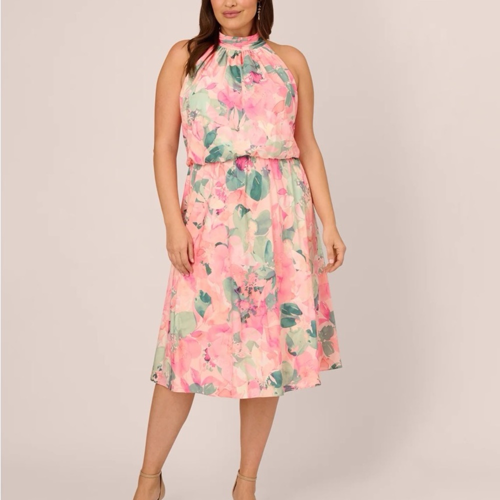 Adriana Pappell Chiffon Floral Pink and Green Halter Dress